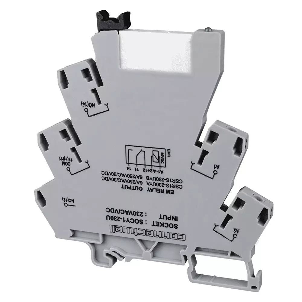 Connectwell Slim EMR Module 1 Changeover Single Channel 6 A 230 VAC/DC with Plugable Relay Rail Mount, CSR1S-230UYB