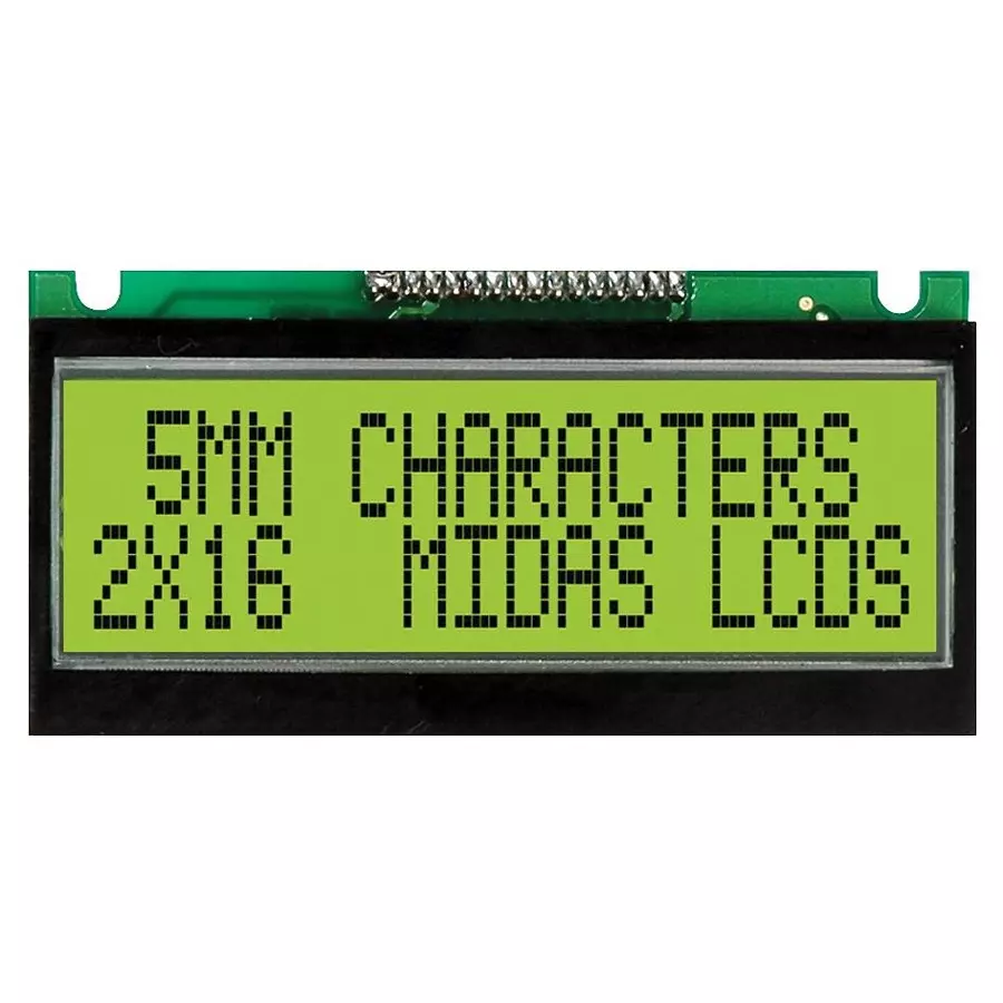 MIDAS DISPLAYS LCD, 2X16, STN, YLW/GREEN B/L, 5MM, MC21605F6WE-SPTLY