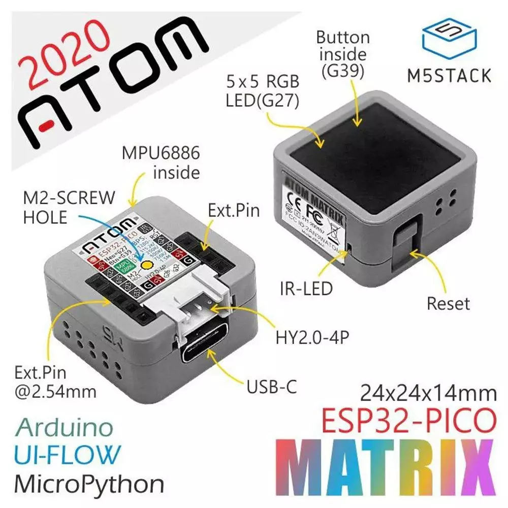 M5Stack ATOM Matrix 24x24x14 mm Dimension, M5STACK-C008-B