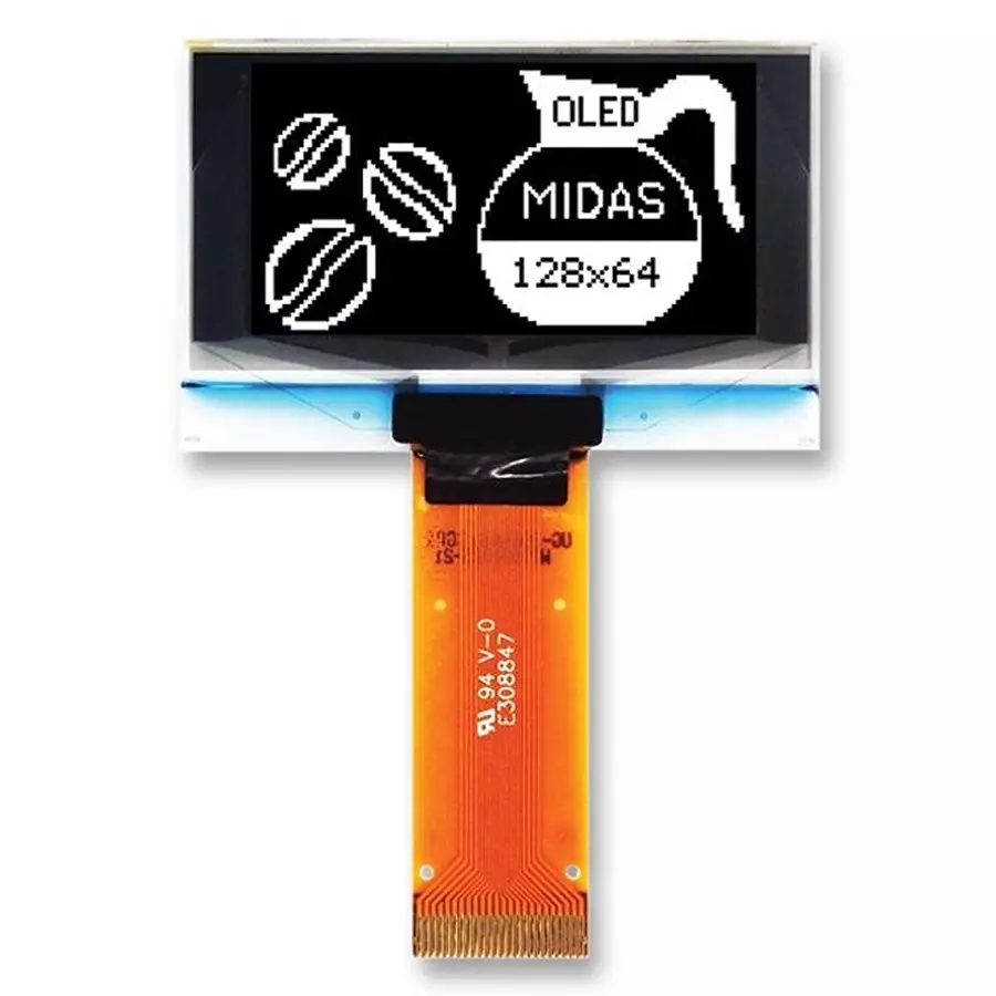 MIDAS DISPLAYS OLED, 128X64, TAB, WHITE, MULTI I/F, MCOT128064BY-WM