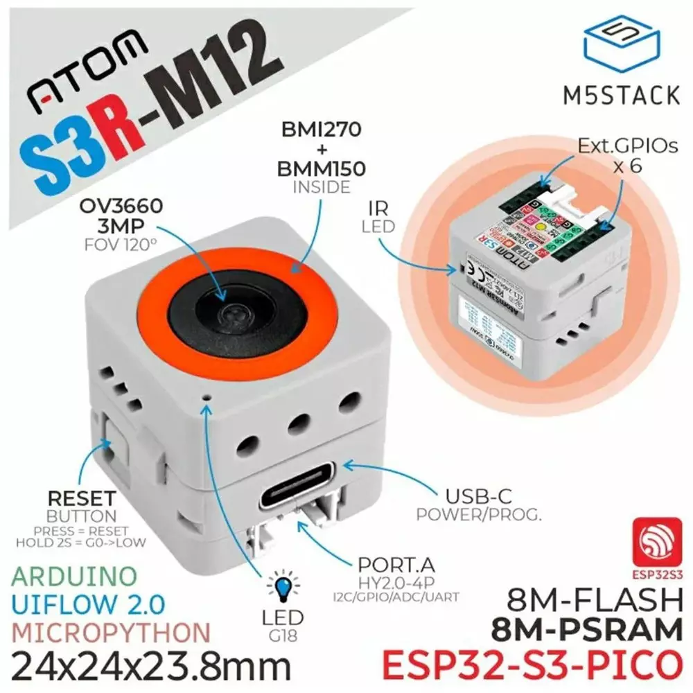 M5Stack Camera Kit 24 x24 x22.1 mm Outer Dimensions, M5STACK-C126-M12