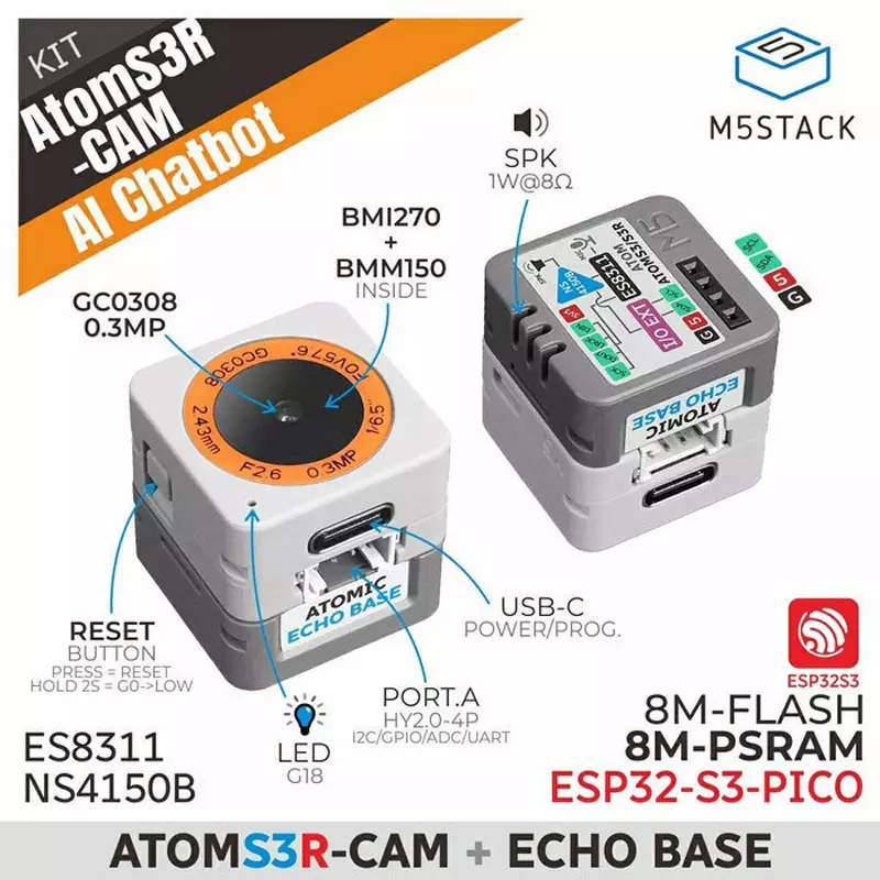 M5Stack AI Chatbot Kit 0 to +40℃ Operating Temperature, M5STACK-K147-Cam