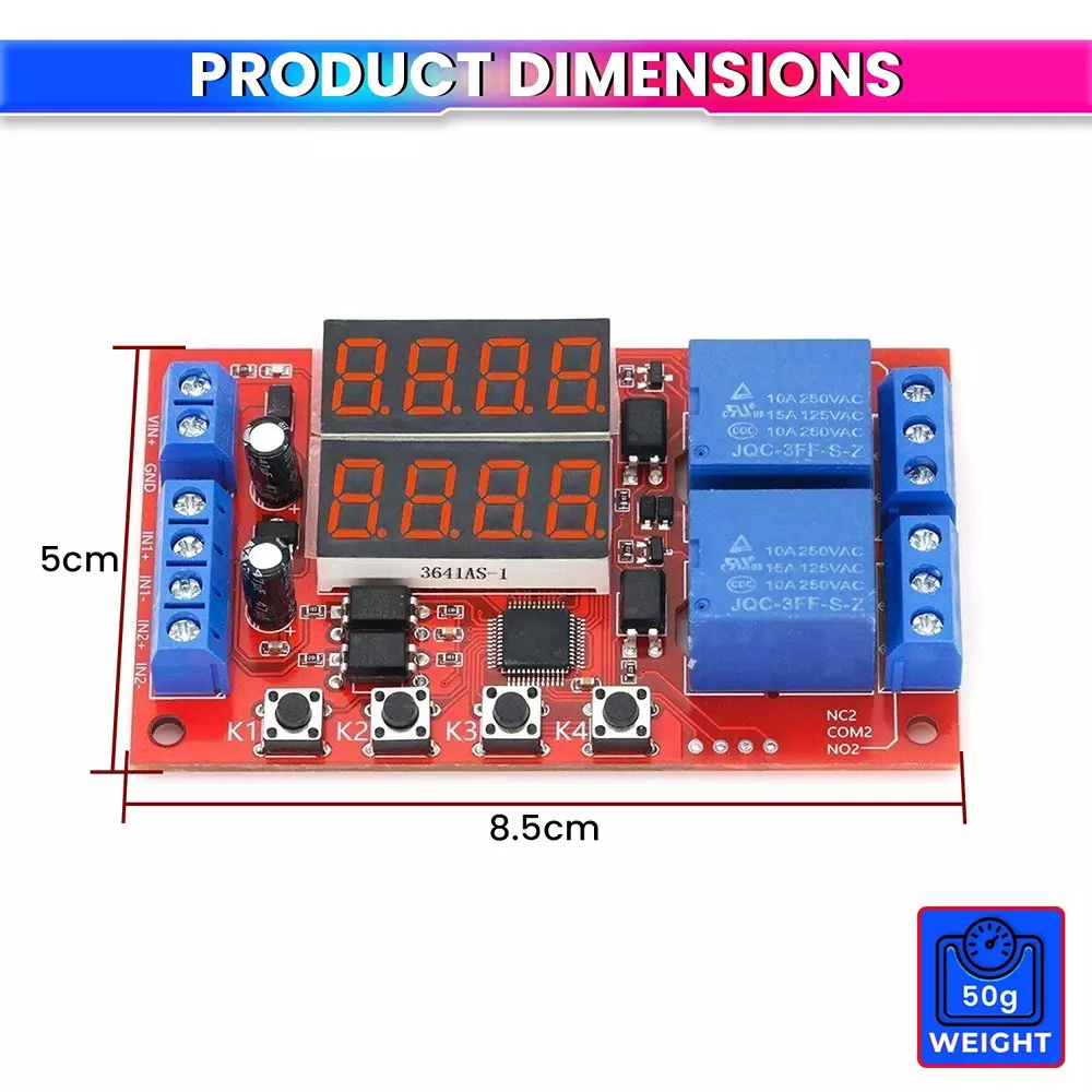 amiciSmart Dual Way Adjustable Time Delay Relay Module with Digital Display 32 Modes 5 V 10 Amp Wide Time Range 0.01 sec to 999 min