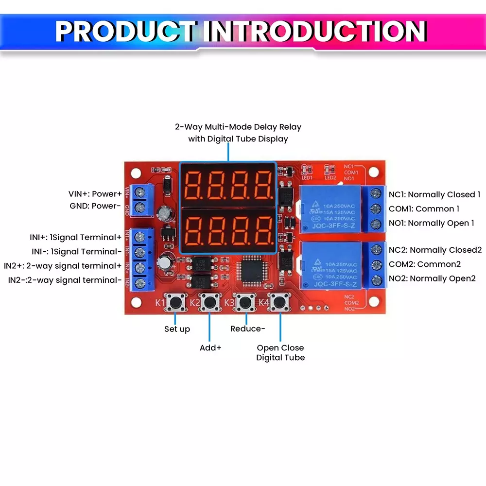 amiciSmart Dual Way Adjustable Time Delay Relay Module with Digital Display 32 Modes 5 V 10 Amp Wide Time Range 0.01 sec to 999 min