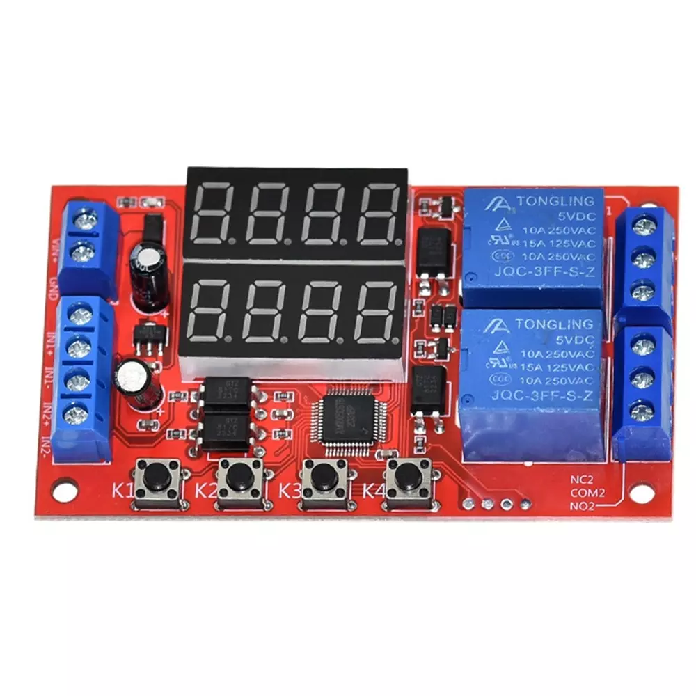 amiciSmart Dual Way Adjustable Time Delay Relay Module with Digital Display 32 Modes 5 V 10 Amp Wide Time Range 0.01 sec to 999 min