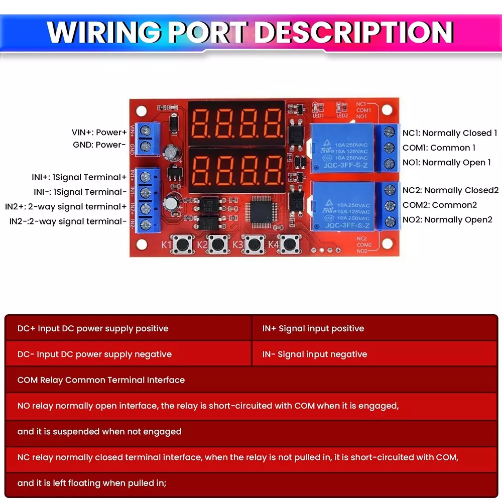 amiciSmart Dual Way Adjustable Time Delay Relay Module with Digital Display 32 Modes 5 V 10 Amp Wide Time Range 0.01 sec to 999 min