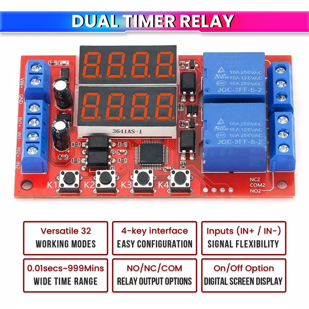 amiciSmart Dual Way Adjustable Time Delay Relay Module with Digital Display 32 Modes 5 V 10 Amp Wide Time Range 0.01 sec to 999 min