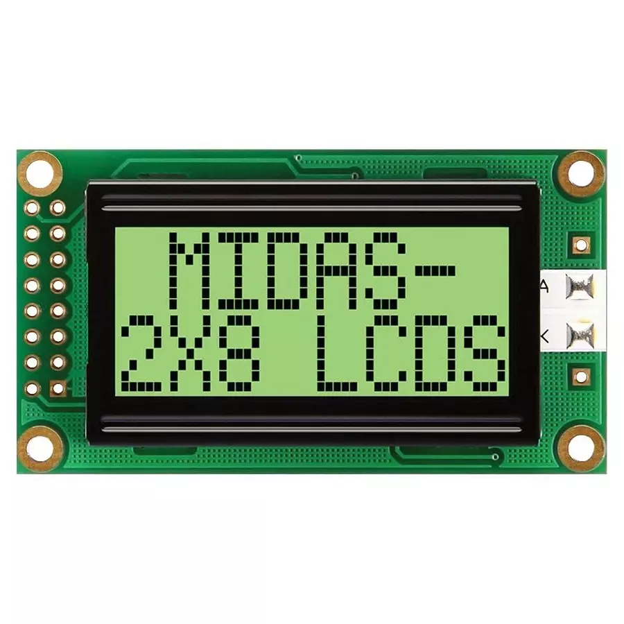 MIDAS DISPLAYS DISPLAY, ALPHANUMERIC, 8X2, YELLOW/GRN, MC20805A6W-GPTLY-V2