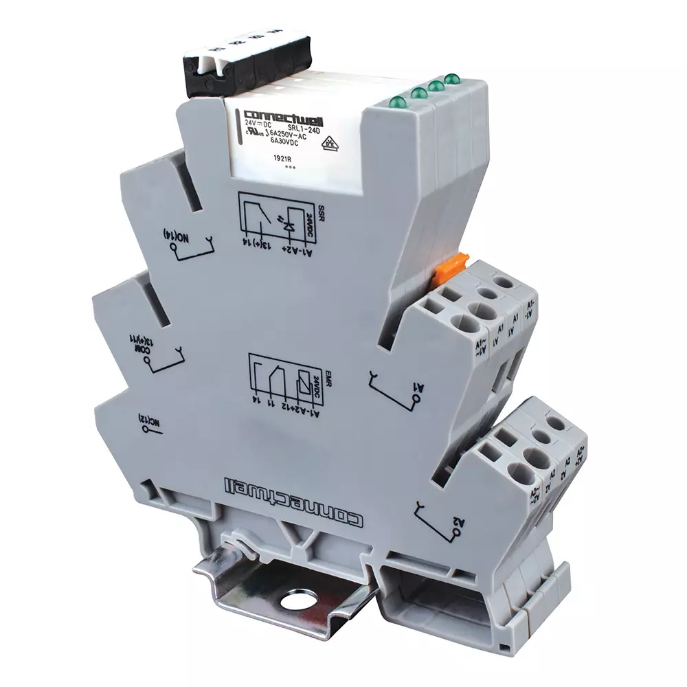 Connectwell Slim EMR Module 1 Changeover Single Channel 6 A 48-60 VAC/DC with Plugable Relay Rail Mount, CSR1S-48-60UYB