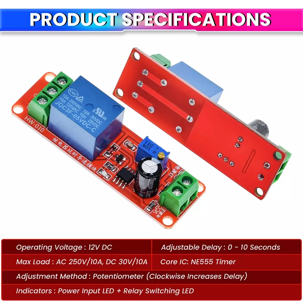 amiciSmart NE555 Adjustable Timer Switch Module 12 V DC 0–10s Delay Relay Board with Potentiometer for DIY Automation Projects