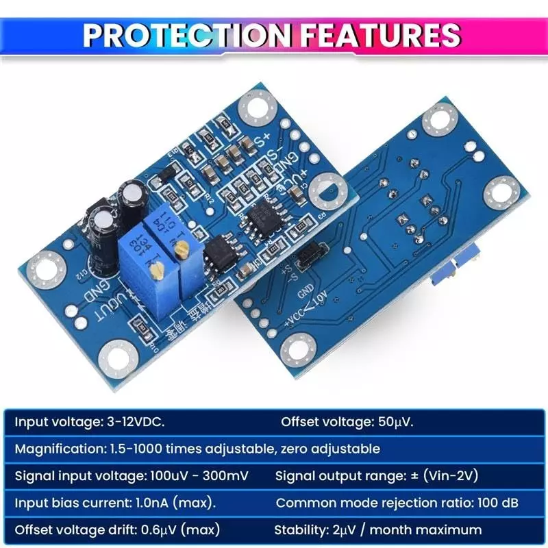 amicitech-ad620-microvolt-voltage-amplifier-module-adjustable-gain-15-to-10000x-precision-instrumentation-amplifier-board-3-to-12-vdc