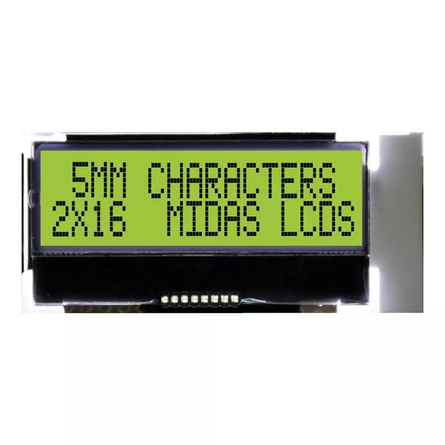 MIDAS DISPLAYS LCD, COG 2X16, STN, Y/GRN B/L, I2C, MCCOG21605B6W-SPTLYI