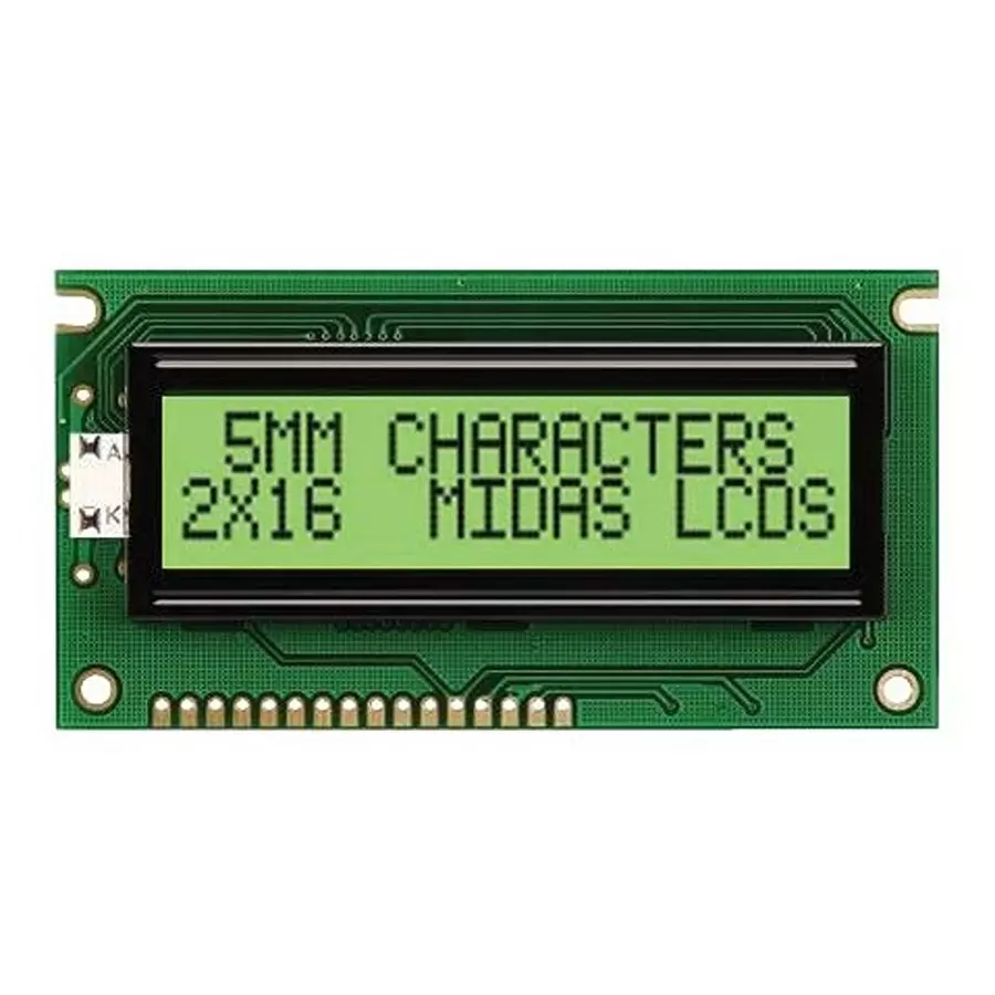 MIDAS DISPLAYS DISPLAY, ALPHANUMERIC, 16X2, YELLOW/GRN, MC21605AB6W-GPTLY-V2