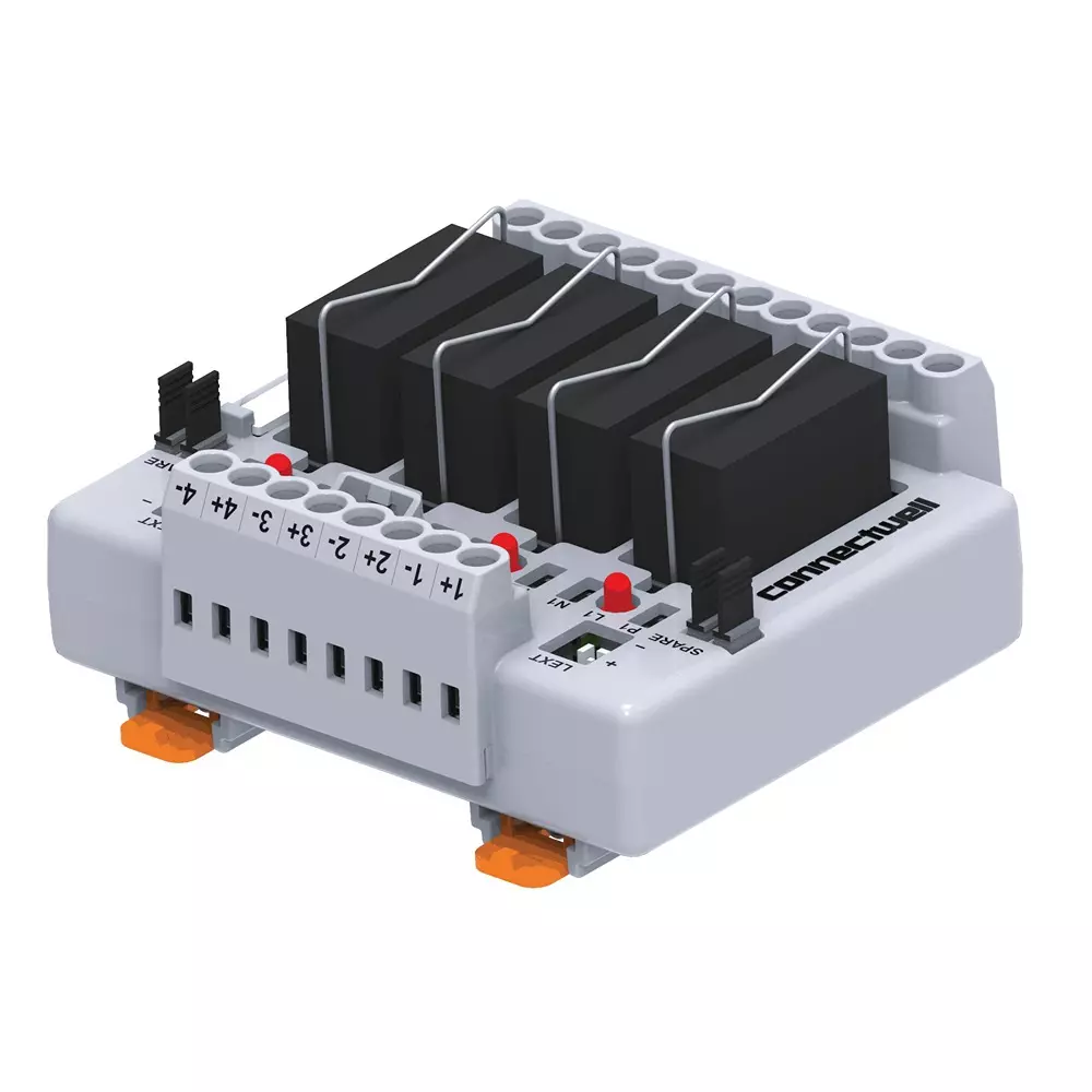 Connectwell Relay Module 1 Changeover 4 Channels 10 A 110 VAC with Base (Pluggable Relay) Rail Mount, CIMRE1SS4/110A/OM