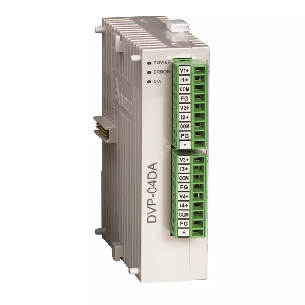 Delta Analog Extension Module with 4 Analog Output, -10 to 10 V DC + 0 to 20 mA DC and 12 Bit Resolution, DVP04DAS2