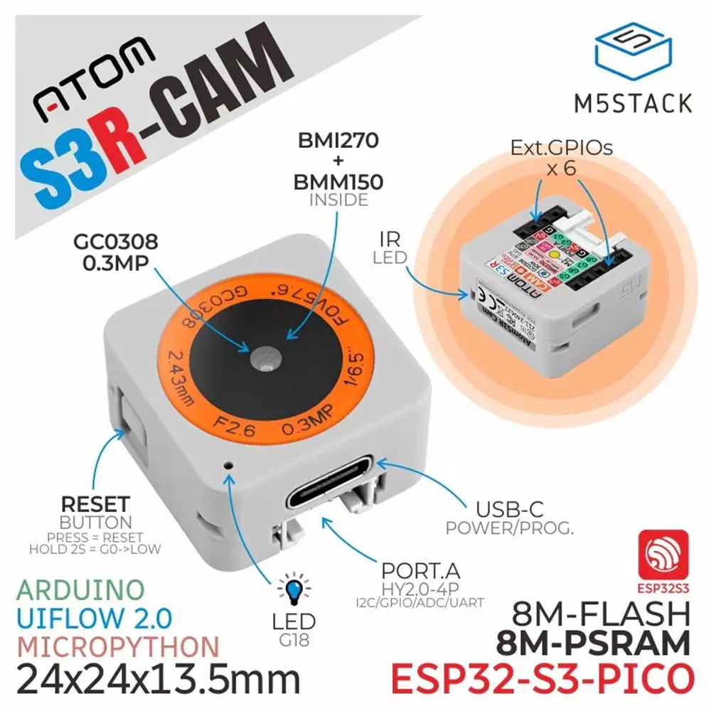M5Stack Camera Kit 24x24x13.5 mm Dimension, M5STACK-C126-Cam