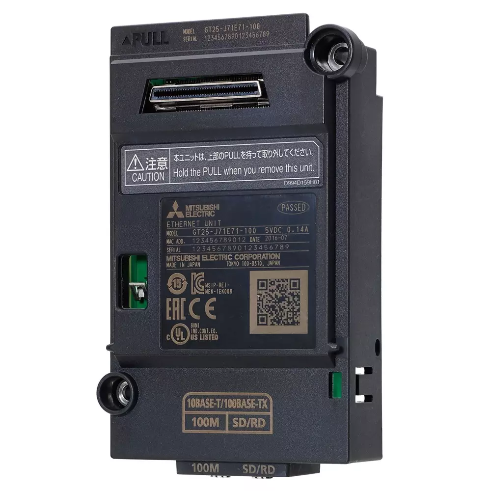 Mitsubishi Electric GOT2000 Series Ethernet Option Unit Black Color Plastic Body Suitable For GT27/GT25 Device, GT25-J71E71-100