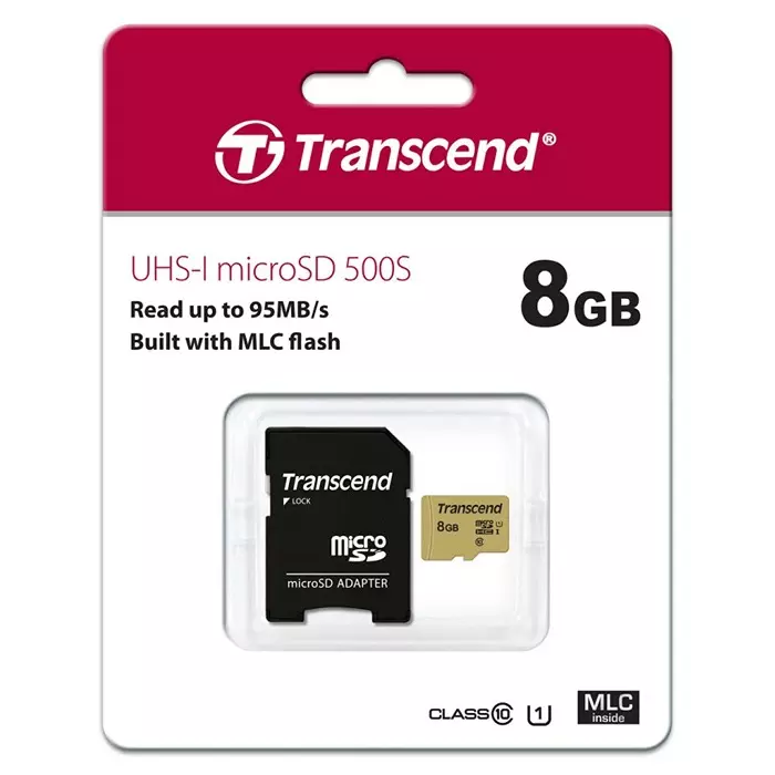 Transcend 8 GB MicroSDHC Micro SD Card, Class 10, UHS-I U1, UHS-I U3, V30, TS8GUSD500S