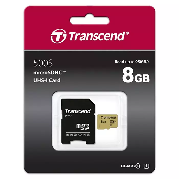 Transcend 8 GB MicroSDHC Micro SD Card, Class 10, UHS-I U1, UHS-I U3, V30, TS8GUSD500S