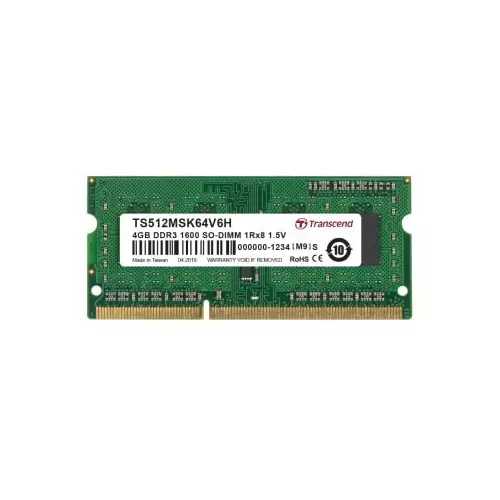 Transcend 4 GB DDR3 Desktop, Laptop RAM, 1600Mbit/s, SODIMM, 1.5V, TS512MSK64V6H