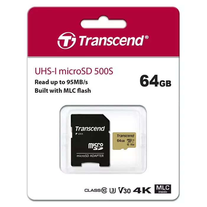 Transcend 64 GB MicroSDXC Micro SD Card, Class 10, UHS-I U1, UHS-I U3, V30, TS64GUSD500S