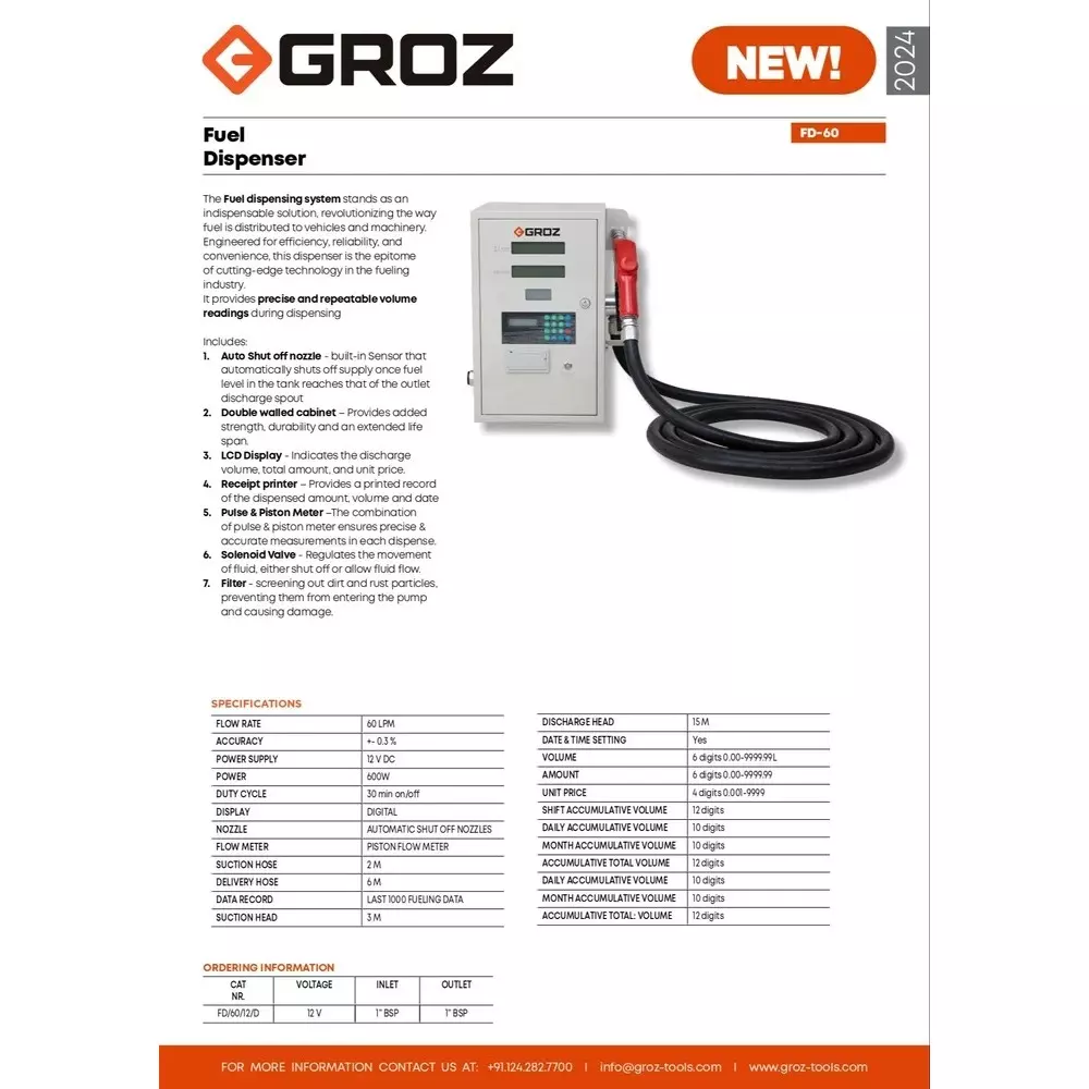 Groz Fuel Dispenser 60 LPM Flow Rate and 600 W Power, FD/60/12/D