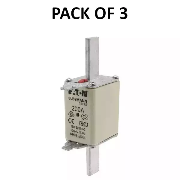 Eaton Low Voltage DIN Type Type NH Dual Indicator Fuse Link with 200 A Current and 500 V AC Voltage Rating, 200NHG0SB (Pack of 3)