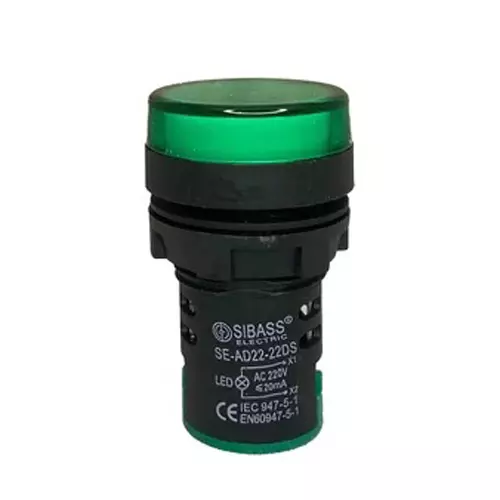 Sibass Electric LED Indicating Lamp 22.5 mm Dia. Black Body 220 V AC Green Light, SE-AD22-22DS (Pack of 1000)