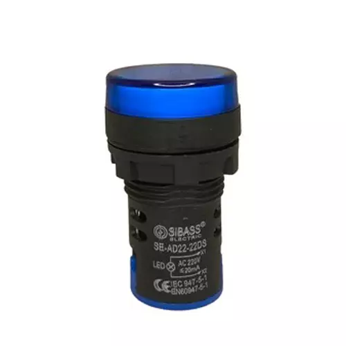 Sibass Electric LED Indicating Lamp 22.5 mm Dia. Black Body 220 V AC Blue Light, SE-AD22-22DS (Pack of 1000)