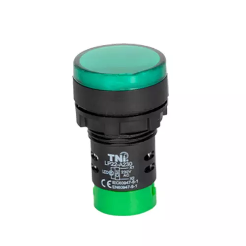 TNI 22.5 mm Cut Out Diameter LED Pilot Lamp Green Color 230 V AC Rated Voltage and IP20 Protection Rating, GLP22-A230-G