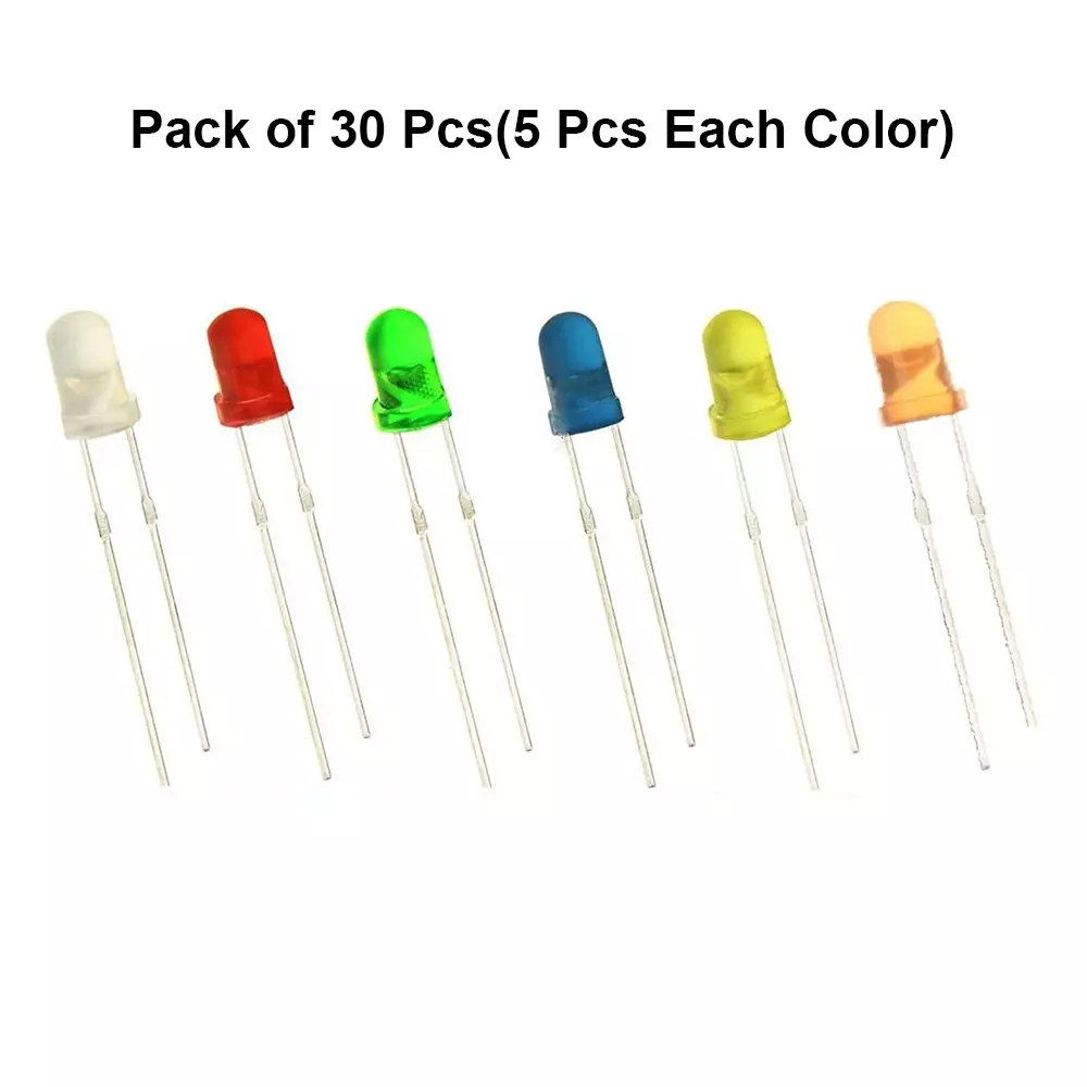 invento-diffused-led-light-6-color-whiteyellowredgreenblueorange-5-mm-round-head-dc-3-v-voltage-isc-1378-pack-of-30-pcs-5-pcs-each-color