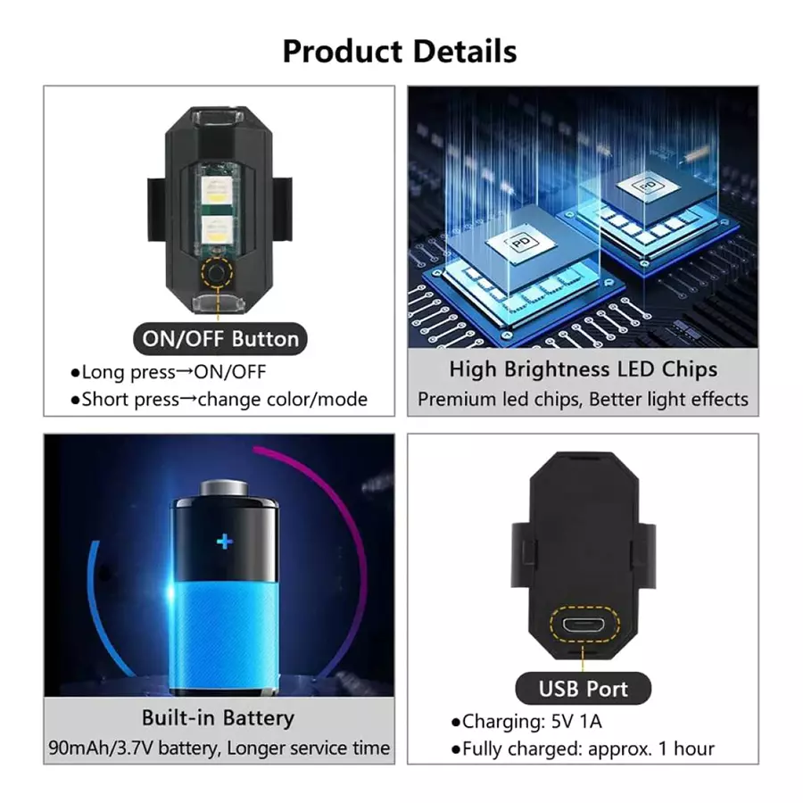 Auto Pearl 7 Colors 5 V 15 W LED Aircraft Lights for Bike & Car with USB Charging (Pack of 6 Pcs)