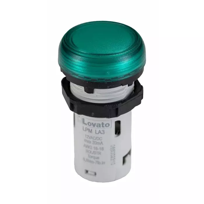 Lovato LPML, Panel Mount Green LED Pilot Light, 22 mm Cutout, IP66, IP67, IP69K, Round, 12V, LPMLA3