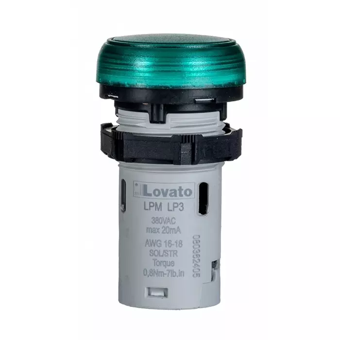 Lovato LPML, Panel Mount Green LED Pilot Light, 22 mm Cutout, IP66, IP67, IP69K, Round, 380-415V, LPMLP3