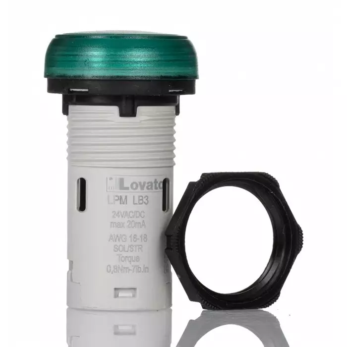 Lovato LPML, Panel Mount Green LED Pilot Light, 22 mm Cutout, IP66, IP67, IP69K, Round, 24V, LPMLB3
