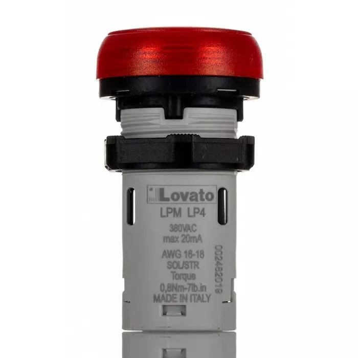 Lovato LPML, Panel Mount Red LED Pilot Light, 22 mm Cutout, IP66, IP67, IP69K, Round, 380-415V, LPMLP4