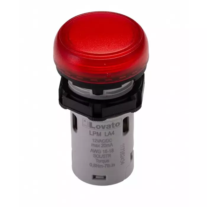 Lovato LPML, Panel Mount Red LED Pilot Light, 22 mm Cutout, IP66, IP67, IP69K, Round, 12V, LPMLA4