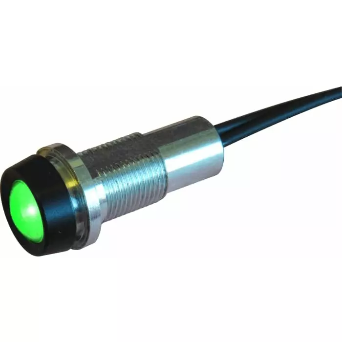 Oxley STRLH10 Series Green Indicator, 230V dc, 10 mm Mounting Hole Size, Lead Wires Termination, IP68, STR/LH10/230/FL30/GN