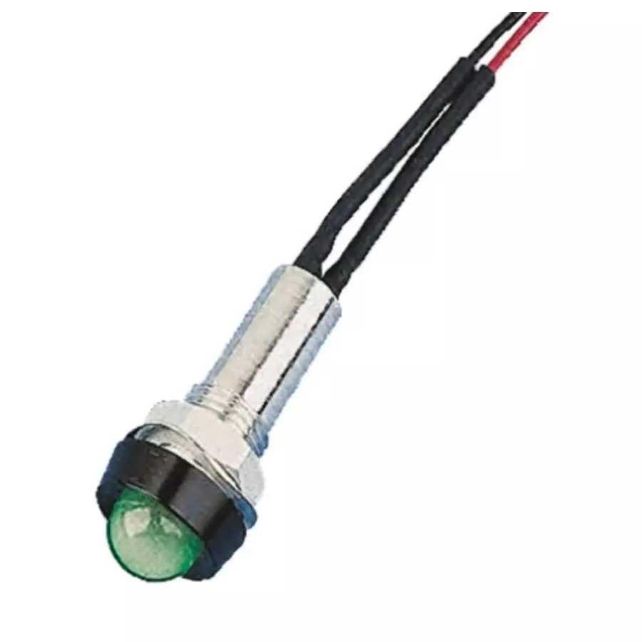 Oxley Green Panel Mount Indicator, 230V ac, 8 mm Mounting Hole Size, Lead Wires Termination, IP67, STR/LH/8/230/FL30/GN
