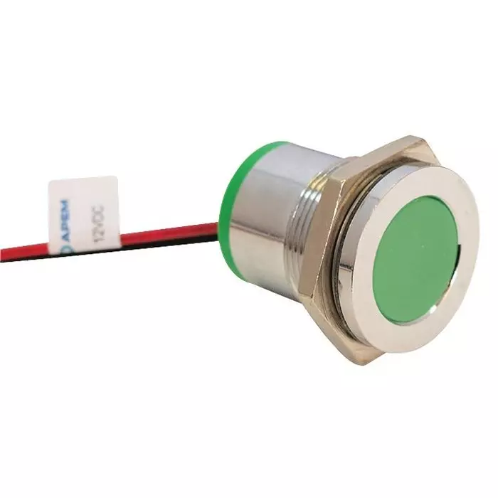 APEM INDIC FLUSH CHROME GREEN 12VDC,IP67, Q22F7CXXG12E