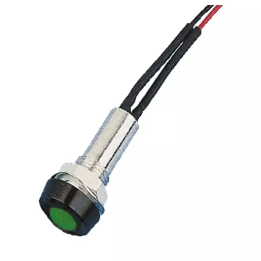 Oxley Green Panel Mount Indicator, 12V, 8 mm Mounting Hole Size, Lead Wires Termination, IP68, STR/LH/8/12/FL30/GN