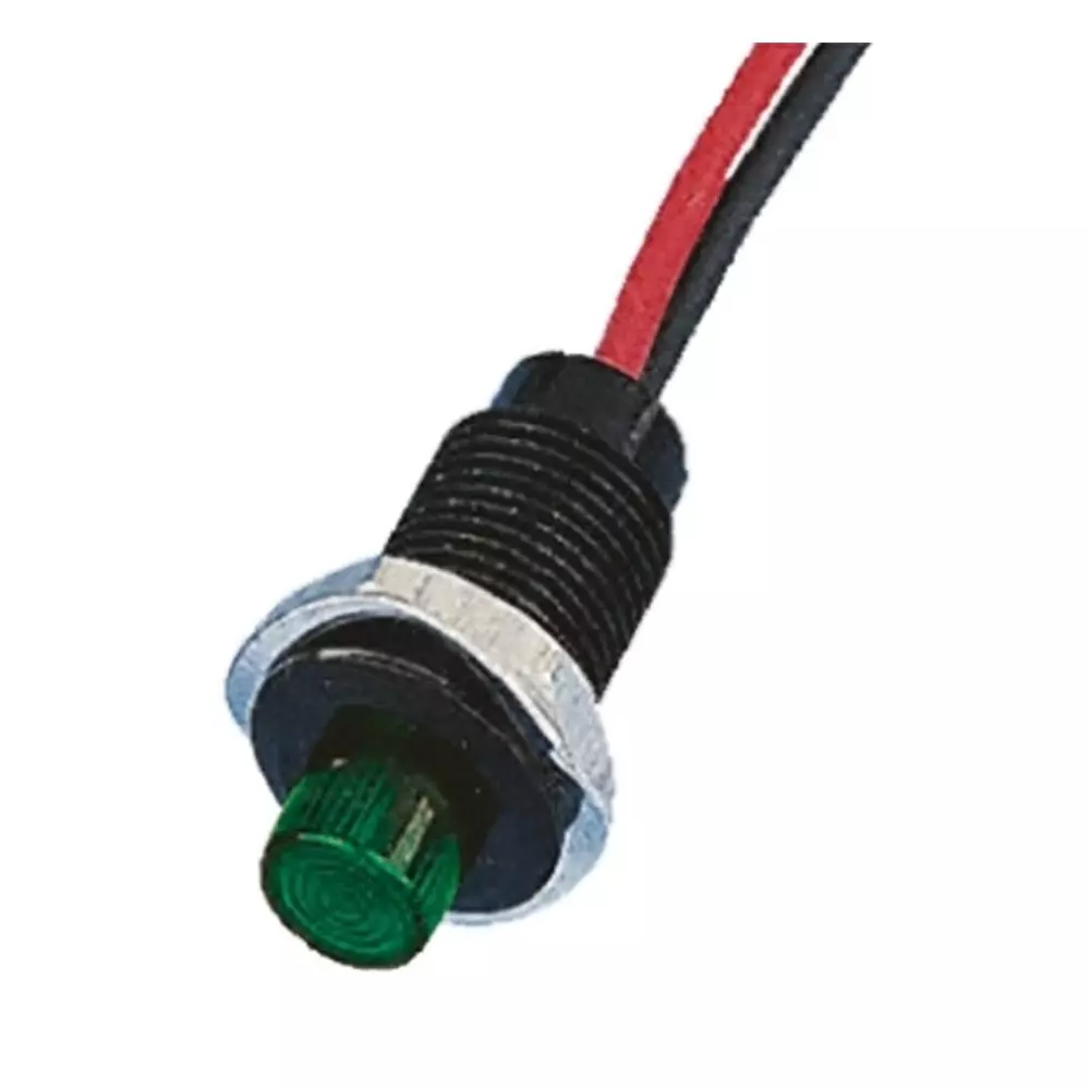 Oxley Green Indicator, 12V ac, 10.2 mm Mounting Hole Size, Lead Wires Termination, OXL/CLH/100/P/12AC/FL30/GN