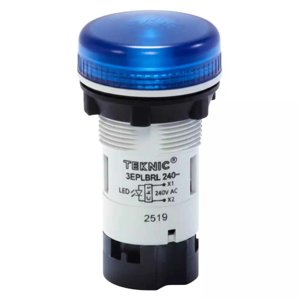 Teknic Pilot Light with Integral LED 230 V AC 22.5 mm Hole Diameter Plastic Blue Lens, 3EPLBR6L