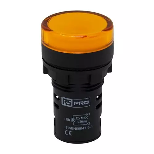 RS PRO LED Pilot Light IP65 Panel Mount 12 V AC/DC 22 mm Yellow LED, 2717492 (Pack of 5)