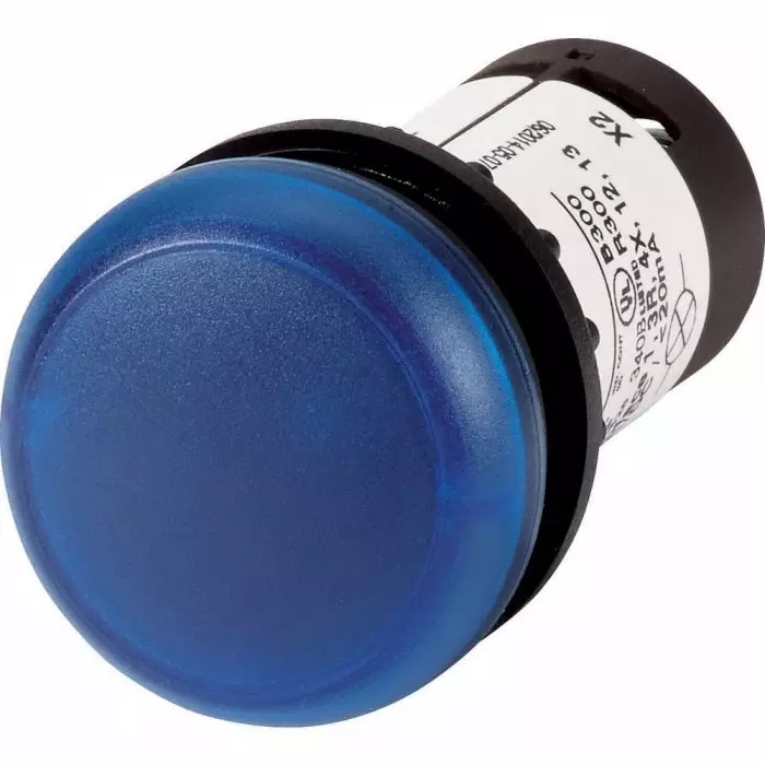 EATON Panel Mount Blue LED Indicator, 22.5 mm Cutout, IP67, IP69K, Dome, 121630 C22-L-B-24