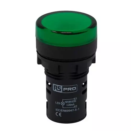 RS PRO LED Pilot Light IP65 Panel Mount 110 V AC/DC 22 mm Green LED, 2717483 (Pack of 5)
