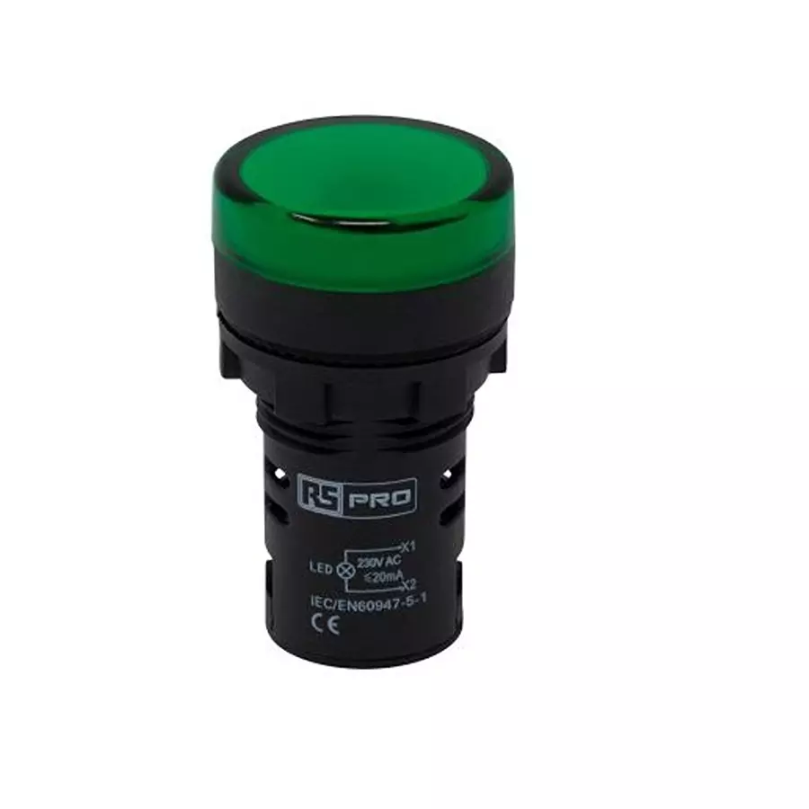 RS PRO LED Pilot Light IP65 Panel Mount 230 V AC 22 mm Green LED, 2717484 (Pack of 5)