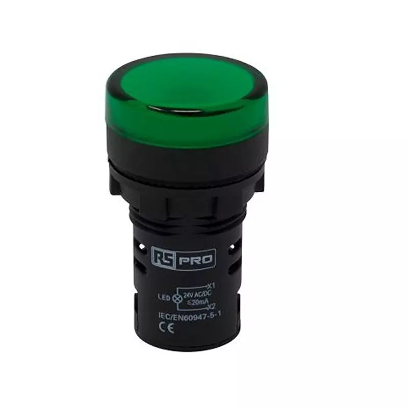 RS PRO LED Pilot Light IP65 Panel Mount 24 V AC/DC 22 mm Green LED, 2717482 (Pack of 5)