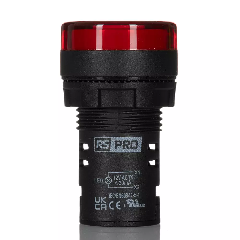 RS PRO LED Pilot Light IP65 Panel Mount 12 V AC/DC 22 mm Red LED, 2717486 (Pack of 5)