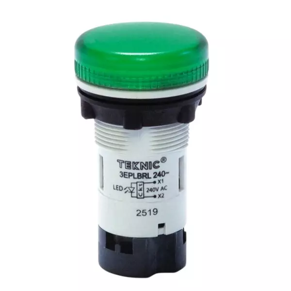 Teknic Pilot Light with Integral LED 12 V DC 22.5 mm Hole Diameter Plastic Green Lens, 3EPLBR3L